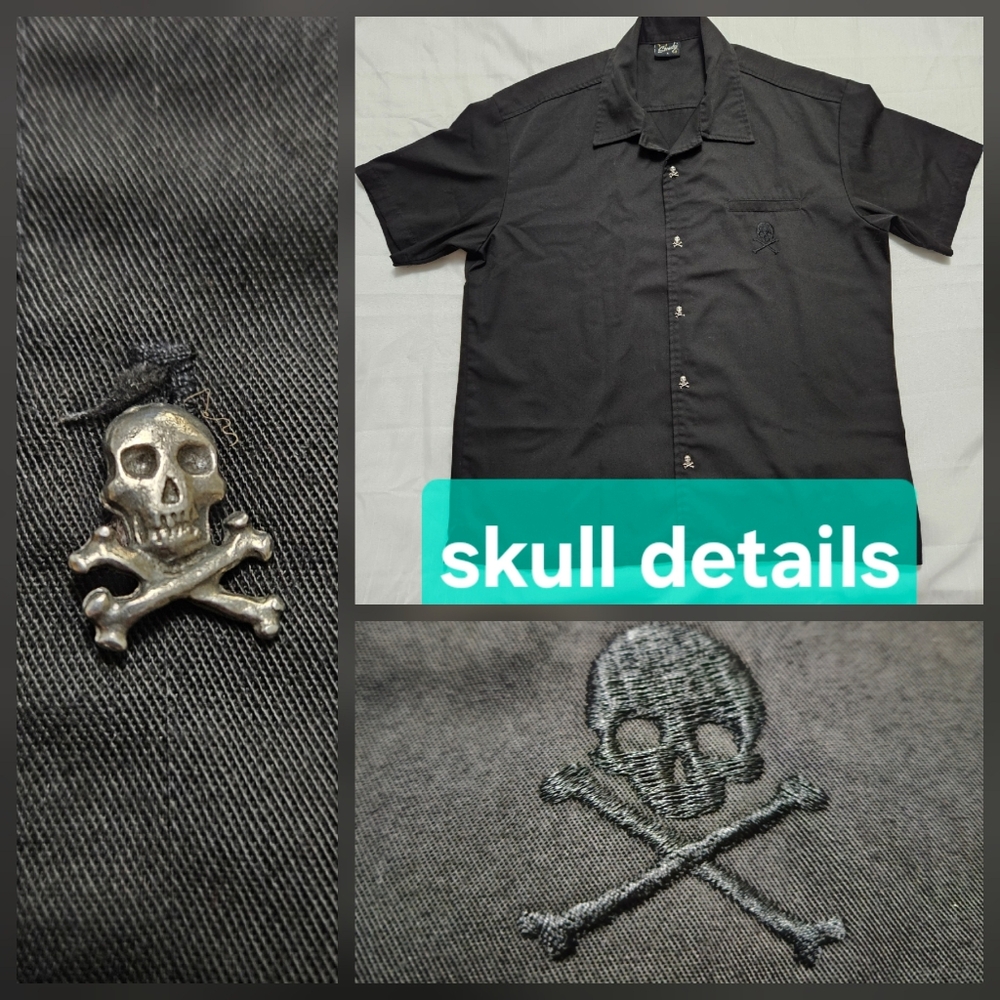 STEADY Mens Sz Large Skull Crossbones Bowling Button Up Shirt Black Embroidery